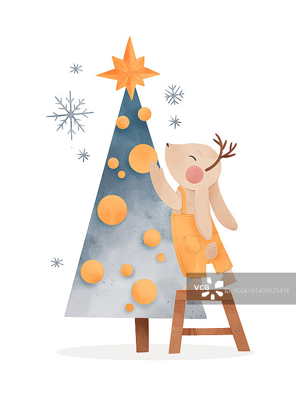 手绘插图与圣诞树，装饰和兔子。新年快乐。冬天的场景，蓝色的冷杉树和可爱的兔子。非常适合做卡片，请柬，家居装饰，印花图片素材