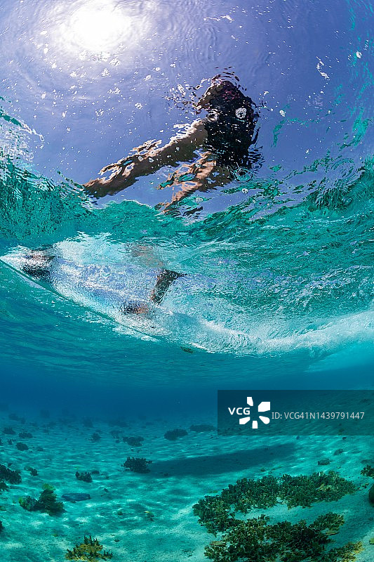 垂直低角度拍摄的人风筝冲浪从水下在博内尔，加勒比图片素材