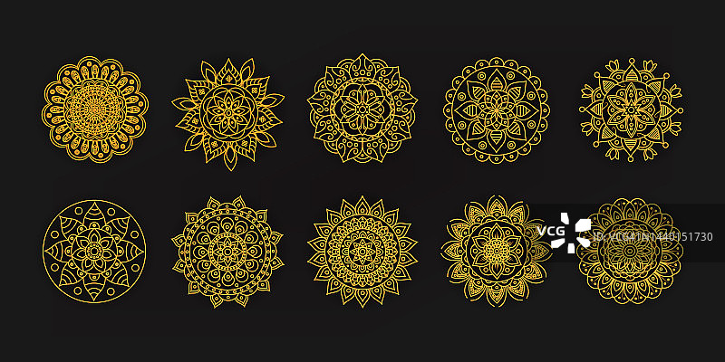 一套10金曼荼罗。亚洲、阿拉伯、韩国装饰花圆形装饰系列。饰品圈图案图片素材