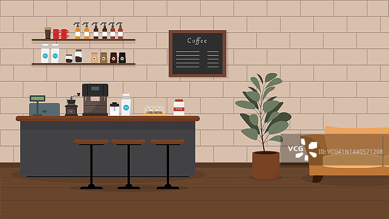 一个美丽的咖啡店的矢量插图。卡通室内设有吧台，咖啡机，马克杯，甜毒品，牛奶，菜单，沙发等待和糖果。图片素材