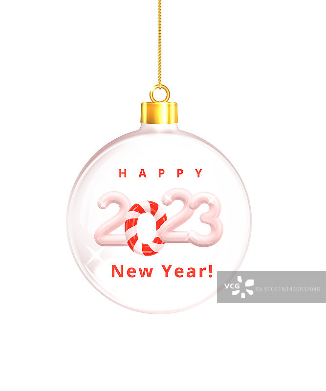 2023新年快乐。现实的白色塑料编号2023玻璃小玩意。圣诞和新年装饰，海报，横幅，贺卡。逼真的3d渲染矢量插图图片素材
