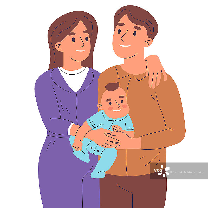 卡通妈妈和爸爸抱着刚出生的婴儿。幸福的年轻父母，家庭与可爱的孩子孤立的平面卡通矢量插图在白色背景图片素材