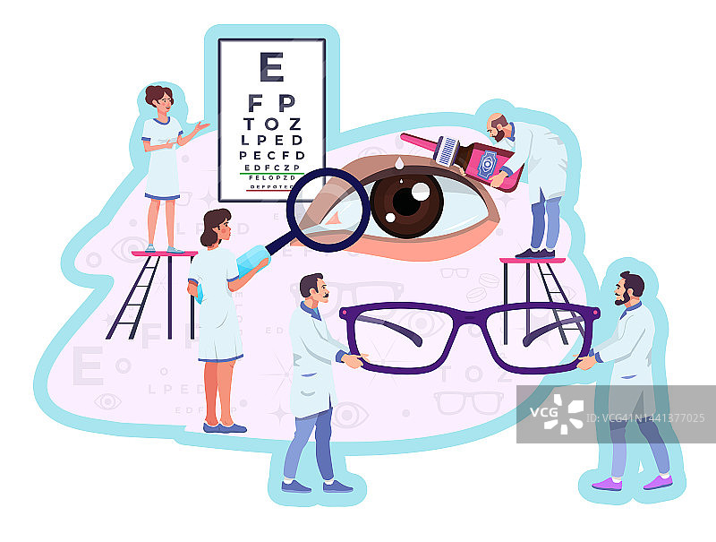 眼科概念，隐喻。眼科医生，眼科医生。眼镜师，眼科医生拿着眼镜。视力检查，体检。远景图。滴，治疗疾病的良药。矢量图图片素材