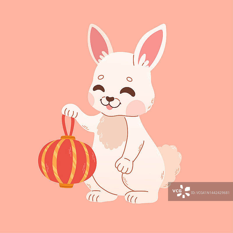 2023年春节贺卡上有可爱的兔子和红色的中国灯笼。2023 CNY卡。向量图片素材