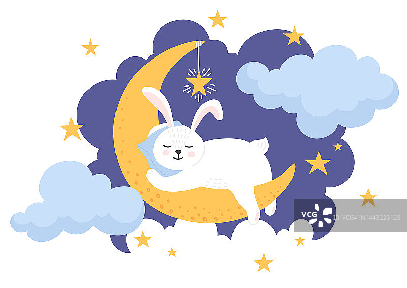 床上的时间。可爱的兔子在月亮上睡觉。图片素材