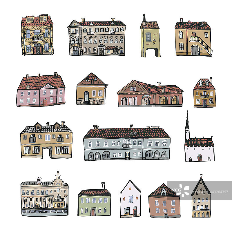 欧洲房屋建筑矢量插图集。图片素材