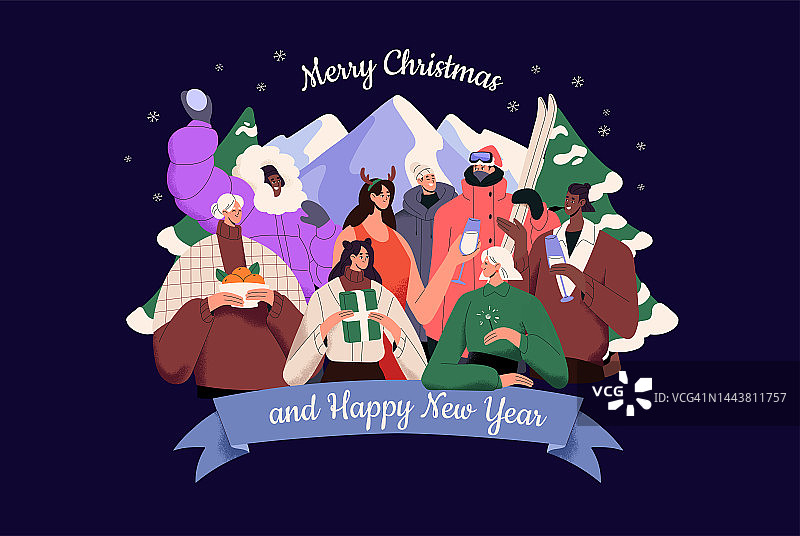 圣诞快乐和新年快乐明信片设计与人们庆祝寒假。圣诞贺卡上有各色人物凑在一起，山间度假村，香槟酒。平面矢量图图片素材