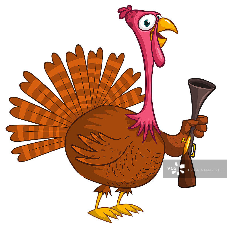 卡通快乐可爱的感恩节火鸡鸟拿着枪。矢量插图隔离。感恩节设计图片素材