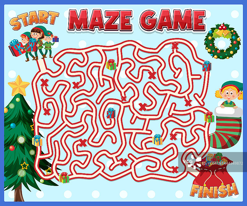 迷宫游戏模板的圣诞主题为儿童图片素材