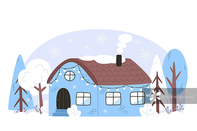 冬天的风景，在雪林中的房子图片素材