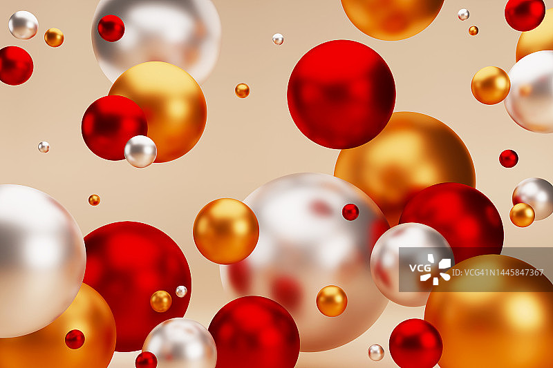 未来的圣诞节日背景。3D黄金，红色和银色的圆圈，球体。图片素材