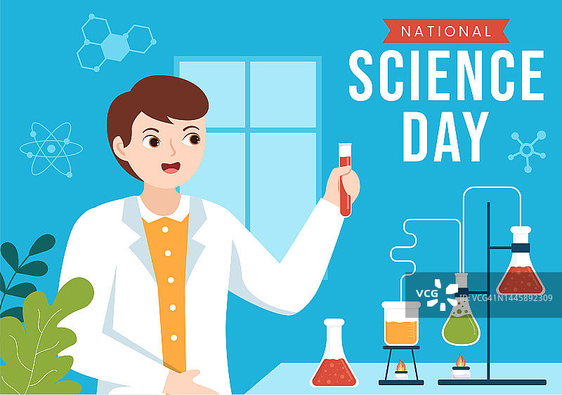 2月28日国家科学日，有关化学液体，科学，医学和研究的平面卡通手绘模板插图图片素材