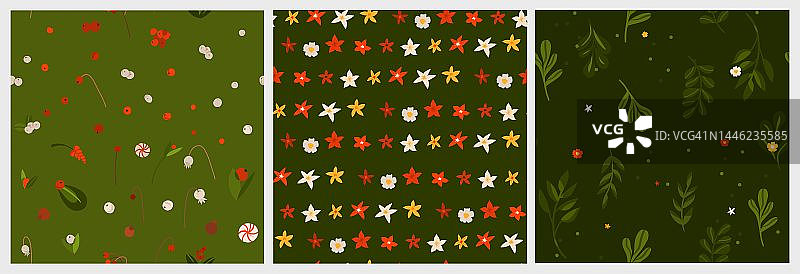 手绘矢量抽象图形圣诞快乐和新年快乐剪纸插图问候包装无缝图案与花和树叶。圣诞快乐可爱的花卉设计背景。图片素材