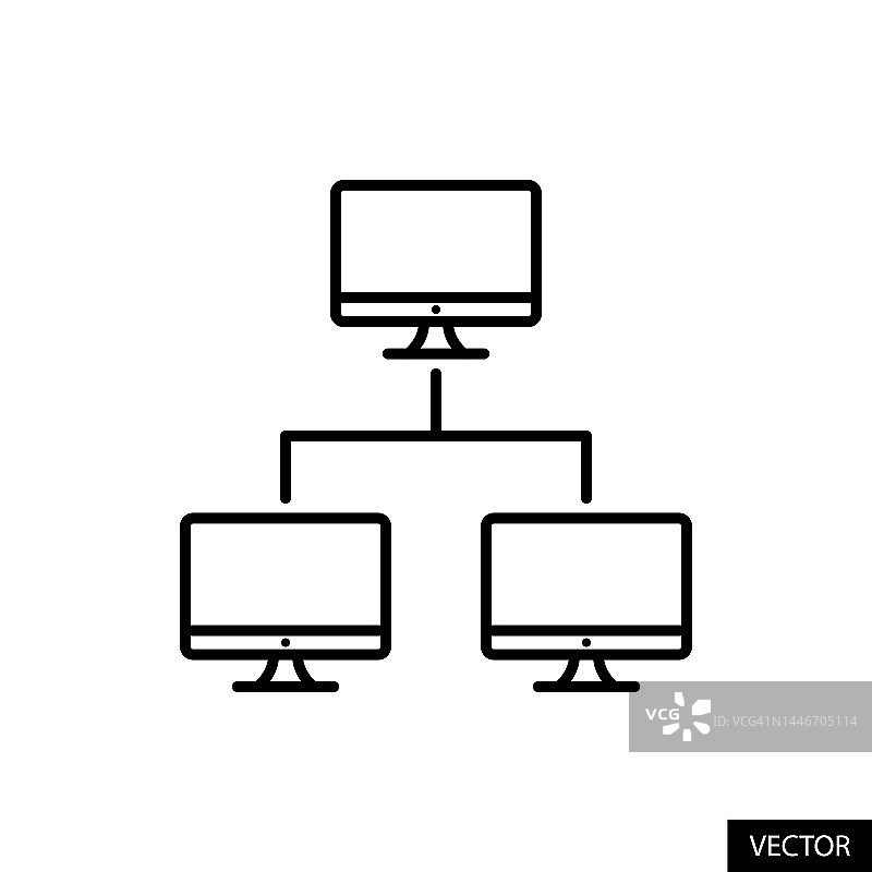 计算机网络，客户端服务器，连接，内部网矢量图标在白色背景上隔离的线条风格设计。可编辑的中风。图片素材