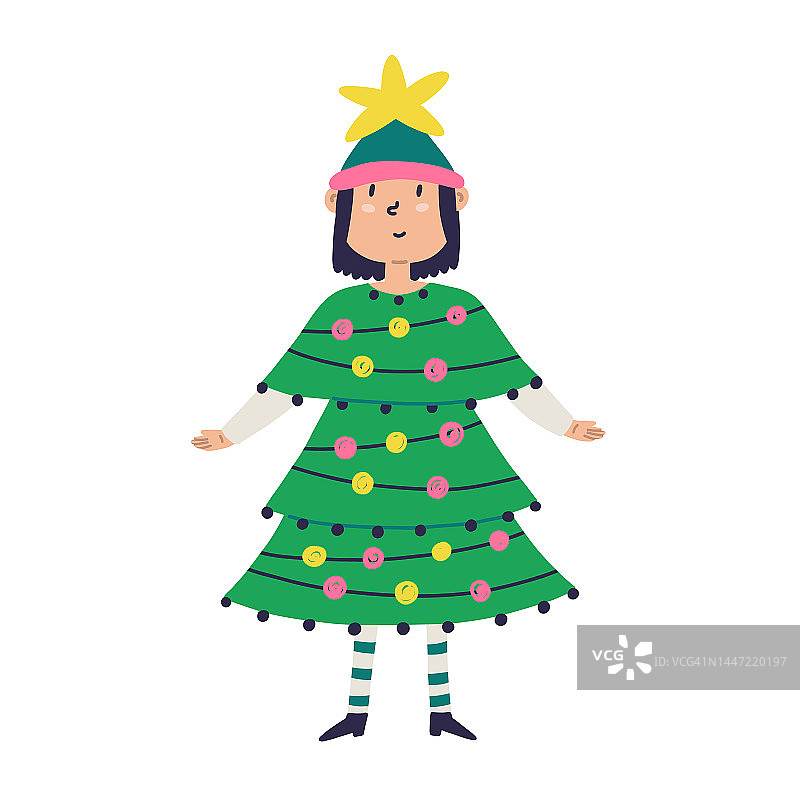 穿着丑陋圣诞树礼服的女孩图片素材