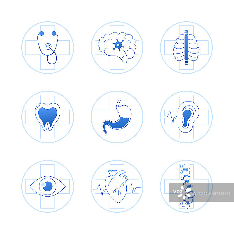 医学专业图标设置隔离在白色背景，设计元素为科学会议或信息图表图片素材