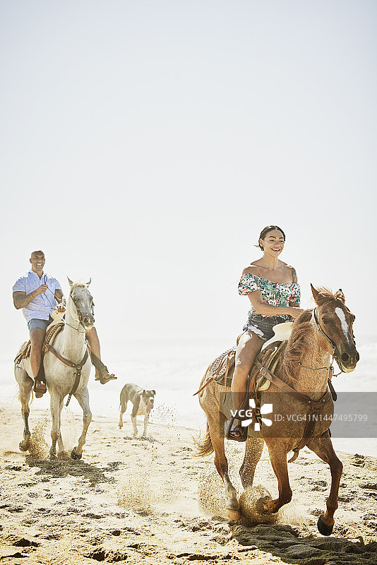 宽广的镜头，一对微笑的夫妇在热带海滩上骑马疾驰图片素材