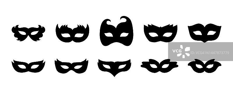 狂欢节面具剪影集。黑色化妆面具，用于聚会、游行和狂欢节，用于狂欢节和万圣节。图片素材