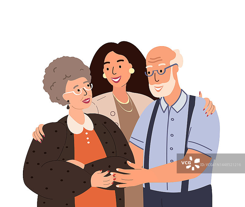 一家人互相扶持、拥抱的幸福画像。成年女子拥抱被隔离在白色背景上的成熟父母或祖父母。父母用孩子感受爱。平面风格的矢量插图。图片素材