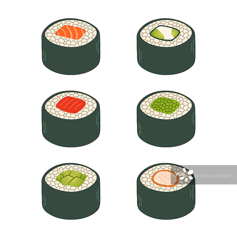 寿司卷集日本亚洲食物矢量标志设计包装孤立的白色背景图片素材