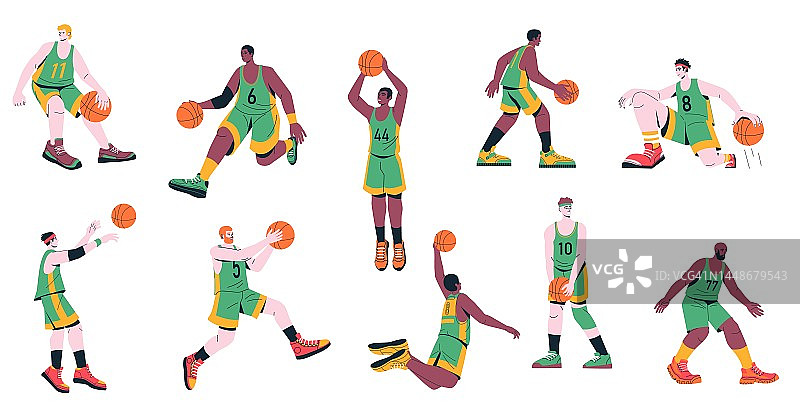 男子篮球运动员。设定男性角色训练扔球在篮子里，运动队在制服玩游戏卡通平面风格。向量集合图片素材