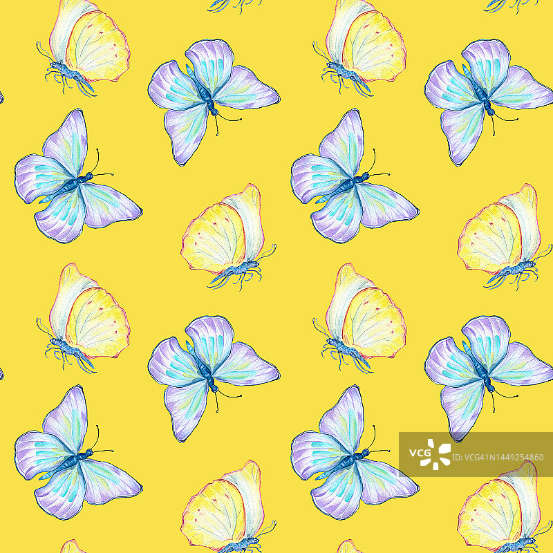 草地蓝，蝴蝶黄水彩画上天衣无缝的图案鲜艳。图片素材