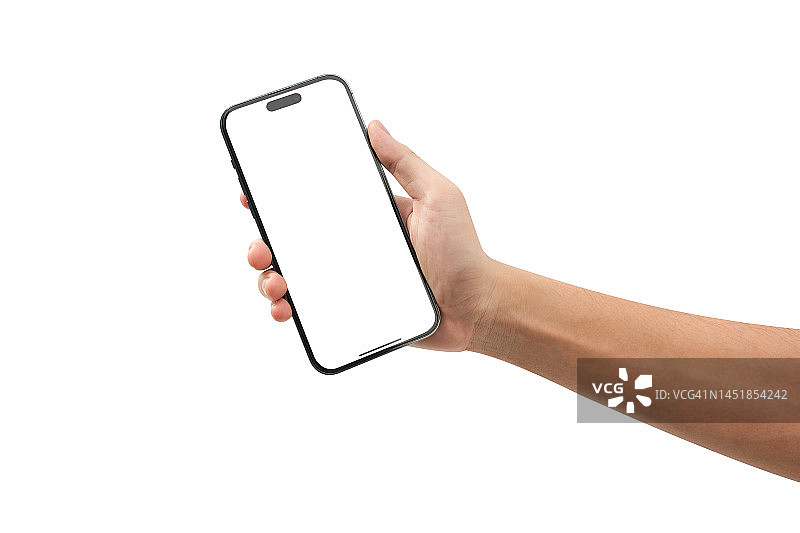 手显示智能手机与空白屏幕隔离在白色背景。图片素材