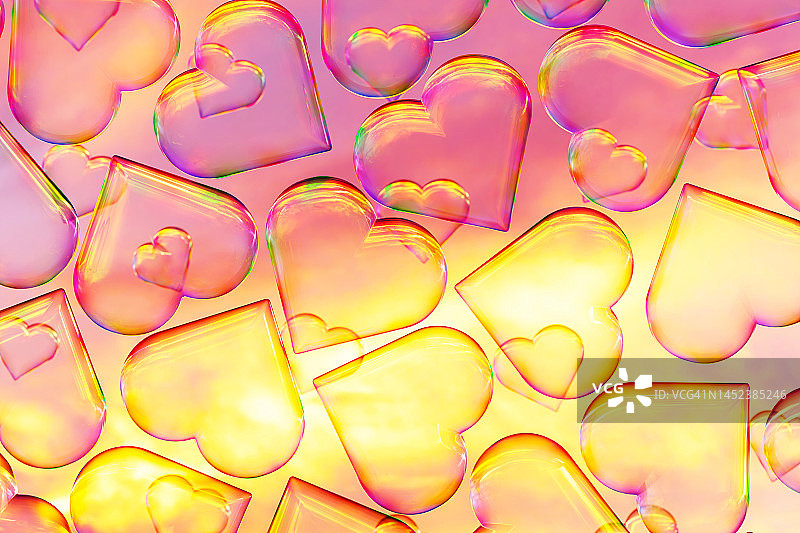 彩色肥皂泡在天空背景心形。漂亮的3D图案。黄色和紫色的云层背景。情人节。图片素材