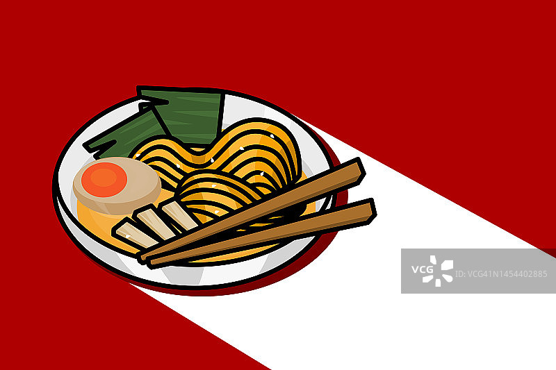 在日式餐厅的红色餐桌上，展示了一款美味的日本传统美食拉面。图片素材