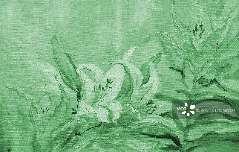 插画油画风景画中百合花在绿色中绽放图片素材