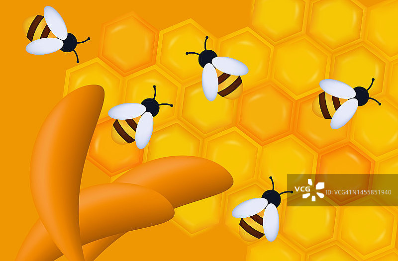 用蜜蜂给蜂巢打3d蜡。采集蜂蜜的过程中，昆虫一起工作。黄色六角蜡纹，甜甜的，粘蜜。养蜂场或养蜂场。现代橙色旗帜。矢量插图。图片素材