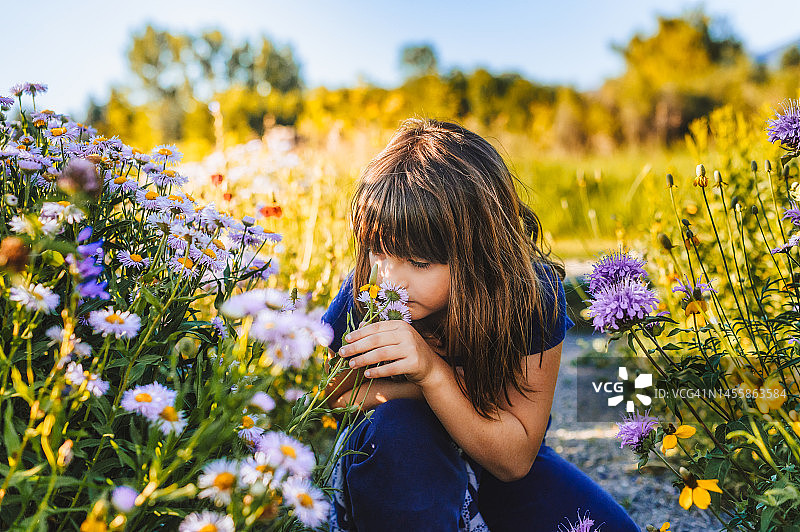 春天，女孩在长满野花的草甸上停下来闻花香图片素材