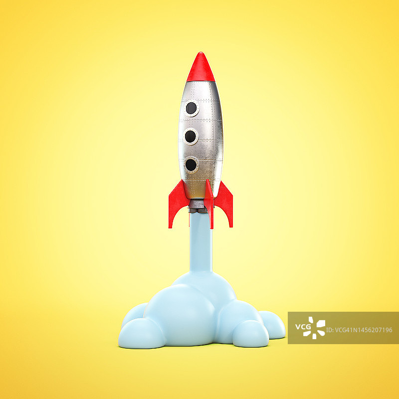 3d卡通风格的复古飞船火箭。玩具火箭升空，喷出浓烟。创业、空间、商业概念三维渲染图片素材