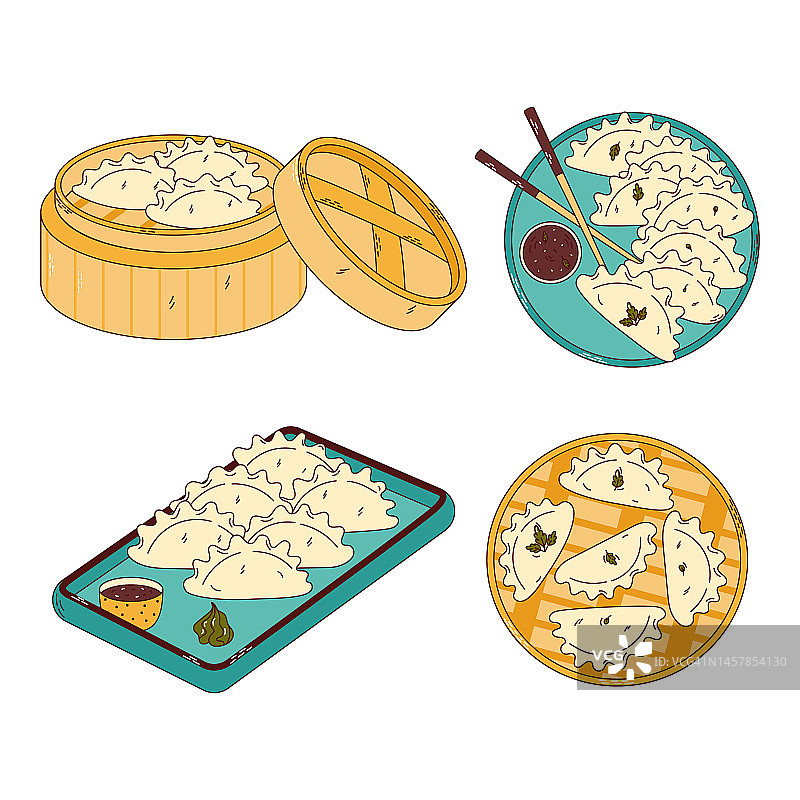 传统的日本食物。用竹篓装的亚洲饺子。向量illistration图片素材