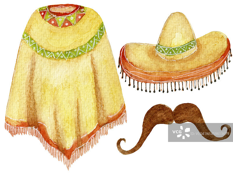水彩画节日集合，墨西哥风格的衣服，宽边帽和雨披，胡子孤立在白色背景。图片素材