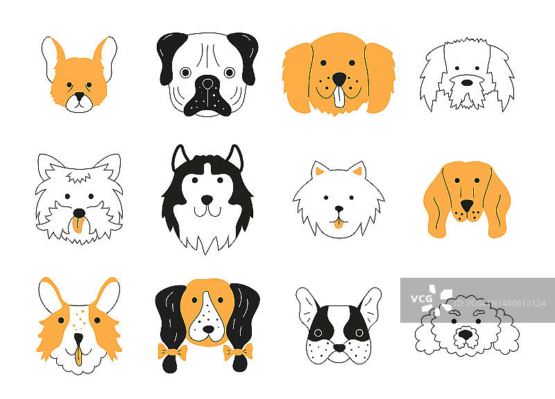 狗头矢量集图标在涂鸦风格。哈士奇狗素描风格。可爱的宠物签名插图。图片素材