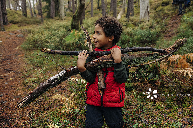 带着微笑的男孩在森林里搬柴火图片素材