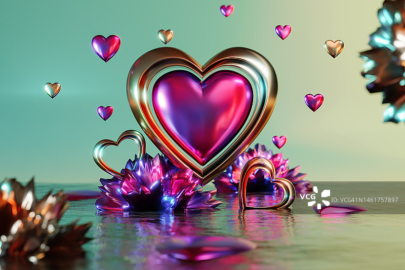 漂浮在水面上的心形。爱情、浪漫和情人节。图片素材