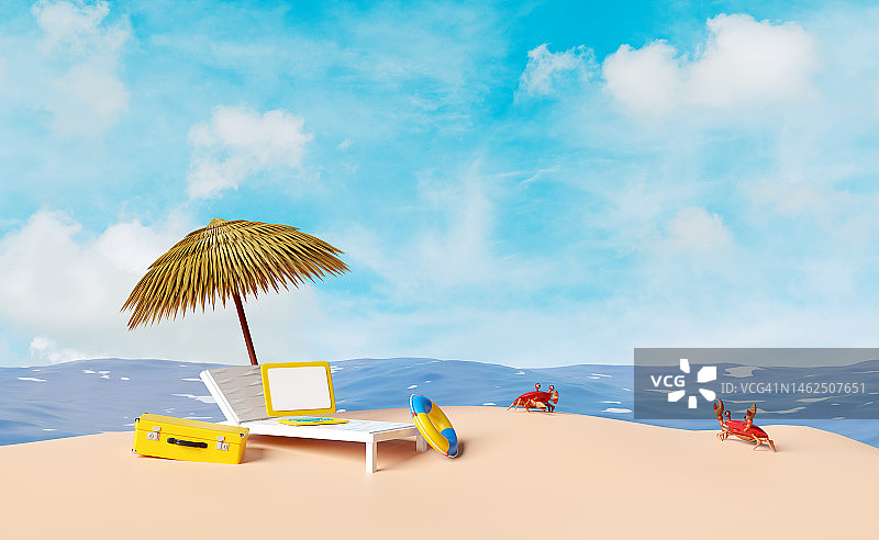 沙滩椅，伞，棕榈树，救生圈，海边，螃蟹，行李箱孤立在蓝天背景上。夏季旅游概念，3d插图或3d渲染图片素材