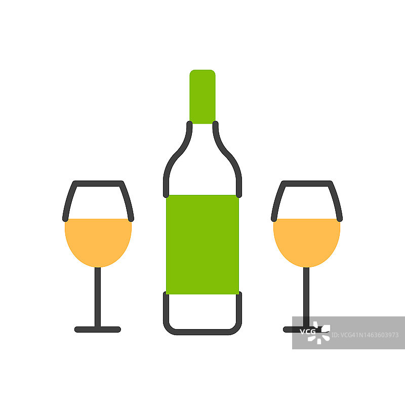酒瓶与软木塞和两个玻璃杯平面线图标孤立的白色背景。彩色白酒酒精饮料品尝。浪漫派对活动标志设计。抽象最小矢量插图。图片素材