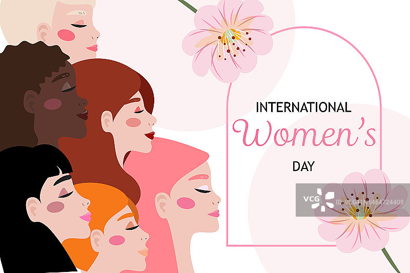 国际妇女节插图与不同的女性面孔。图片素材