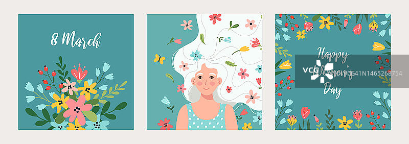 妇女节快乐。收集贺卡，海报，模板。尤特女人与花在头发，花卉背景与春天的花朵。为庆祝3月8日的矢量插图。图片素材