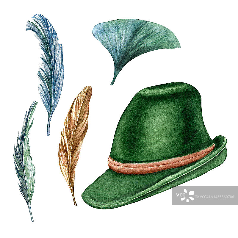 德国绿色帽子和羽毛水彩插图孤立在白色背景。图片素材