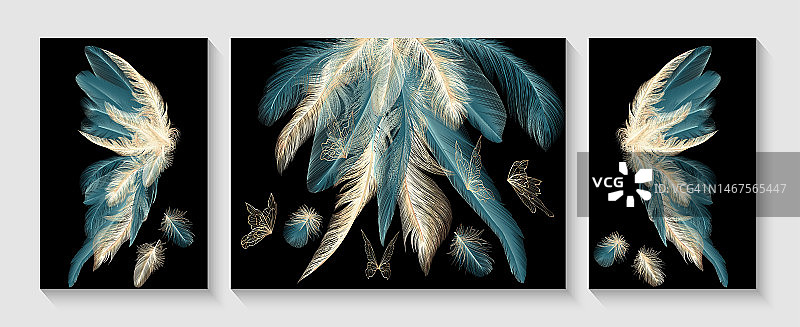 集现代创意的金色和海浪的颜色羽毛蝴蝶。用于家庭装饰、横幅和印刷品的插图。矢量插图。图片素材