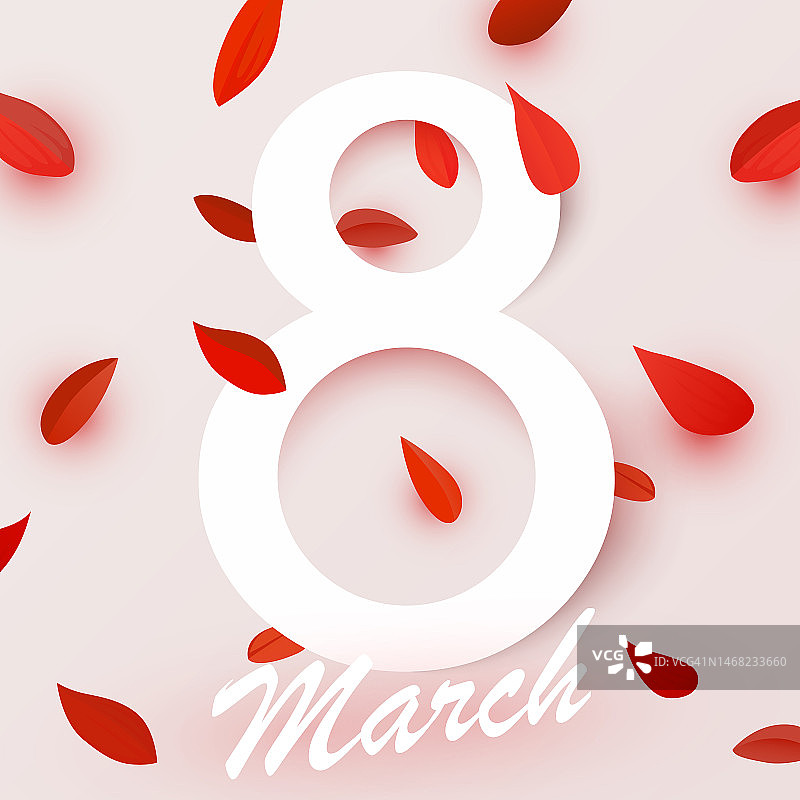 国际妇女节旗帜。传单3月8日与花瓣装饰。数字8。邀请剪纸风格与花瓣。图片素材