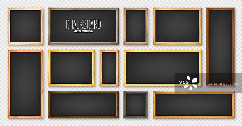 现实的各种黑板在一个木框架。黑色餐厅菜单板。学校黑板，文字或绘画的书写面。空白的广告或展示板。矢量图图片素材