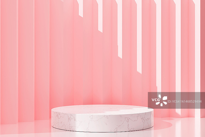 白色讲台上的粉彩粉红色背景。产品展示平台。3 d模板。时尚的单色。图片素材