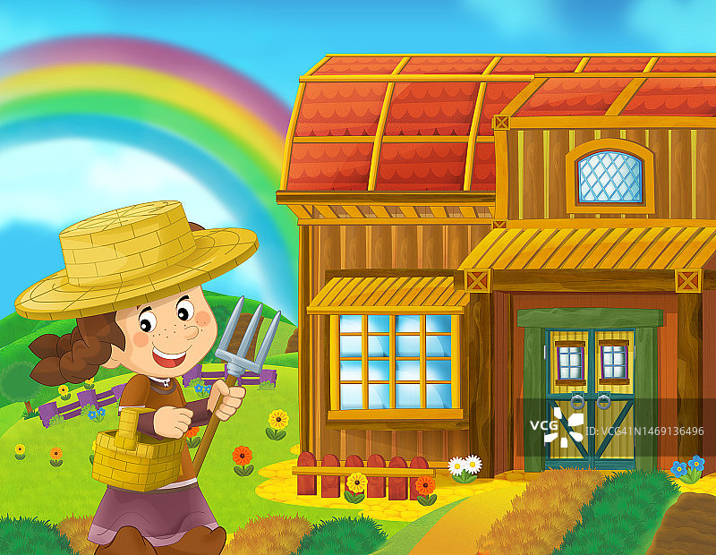 卡通场景，快乐的女人在农场工作，站在白色背景插图的孩子微笑图片素材