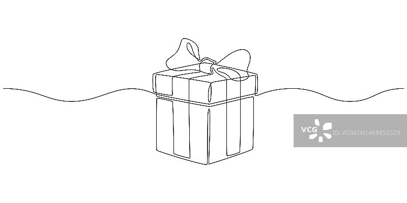 连续线条画圣诞礼物盒。包装礼物惊喜和节日礼品与缎带和蝴蝶结图标在简单的线性风格。可编辑的中风。涂鸦轮廓矢量插图图片素材