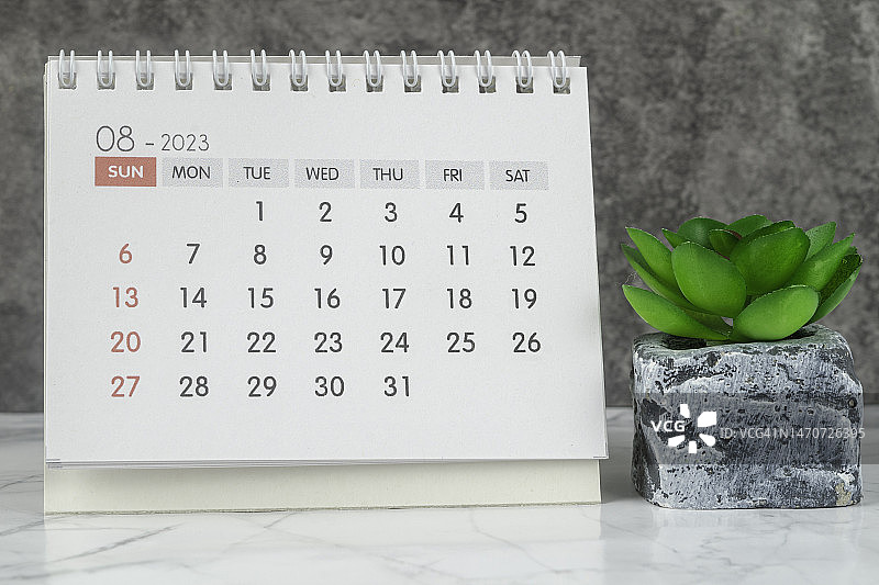 日历桌2023:8月是组织者计划和截止日期的月份，在混凝土墙背景下放置室内植物。图片素材